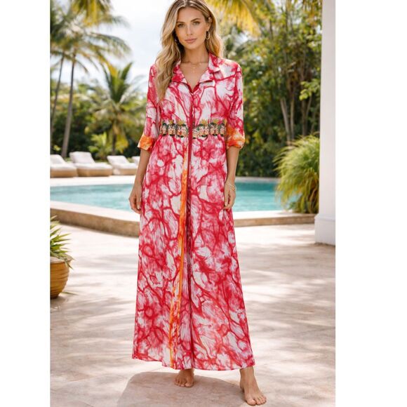 Dresses & Skirts - Tie Dye Water Color Embroidered Waist Maxi Dress in Red, Orange and White L